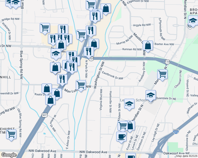 map of restaurants, bars, coffee shops, grocery stores, and more near 617 Eastbrook Drive Northwest in Huntsville