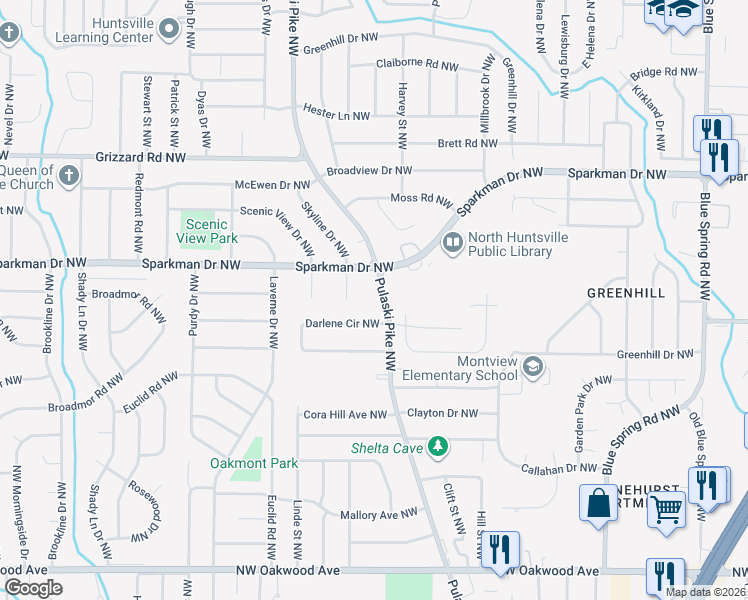 map of restaurants, bars, coffee shops, grocery stores, and more near 2821 Pulaski Pike Northwest in Huntsville