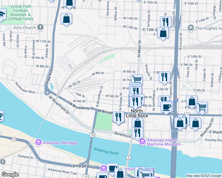 map of restaurants, bars, coffee shops, grocery stores, and more near 610 Willow Street in North Little Rock