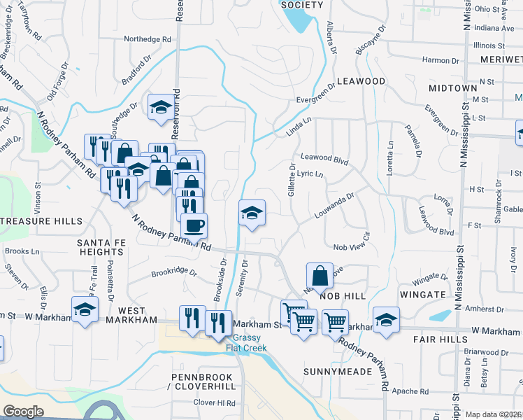map of restaurants, bars, coffee shops, grocery stores, and more near 821 Shea Drive in Little Rock
