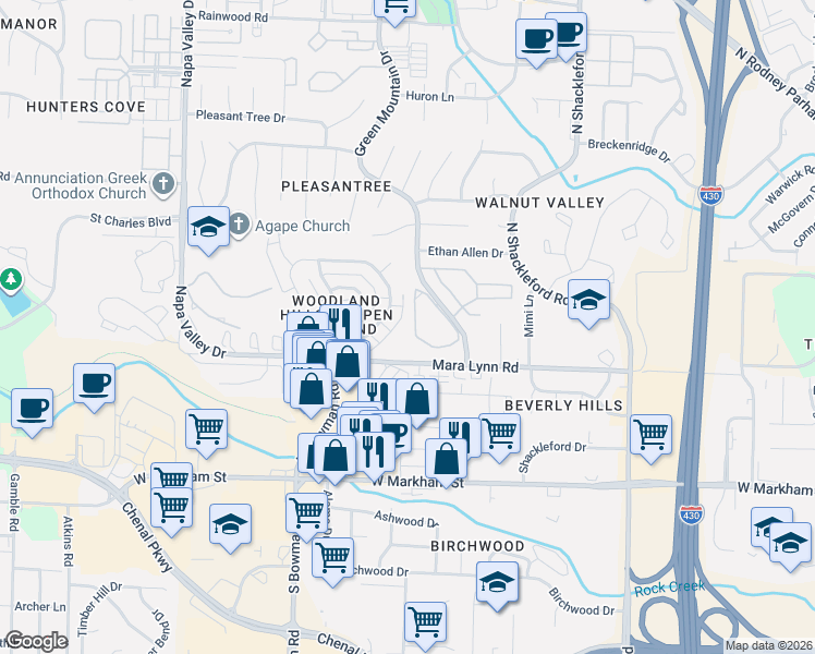 map of restaurants, bars, coffee shops, grocery stores, and more near 35 Woodlore Circle in Little Rock