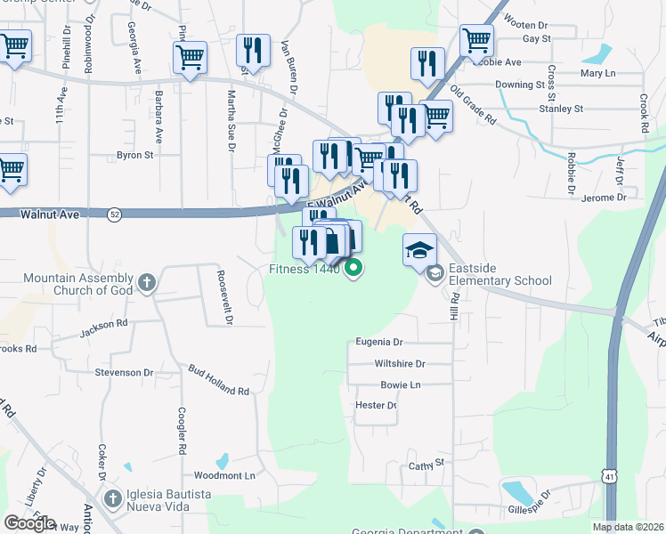 map of restaurants, bars, coffee shops, grocery stores, and more near 2150 East Walnut Avenue in Dalton