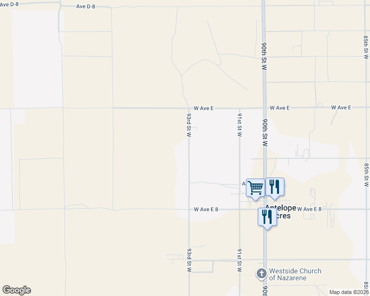 map of restaurants, bars, coffee shops, grocery stores, and more near 48225 93rd Street West in Lancaster