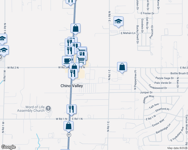 map of restaurants, bars, coffee shops, grocery stores, and more near E Road 2 North in Chino Valley