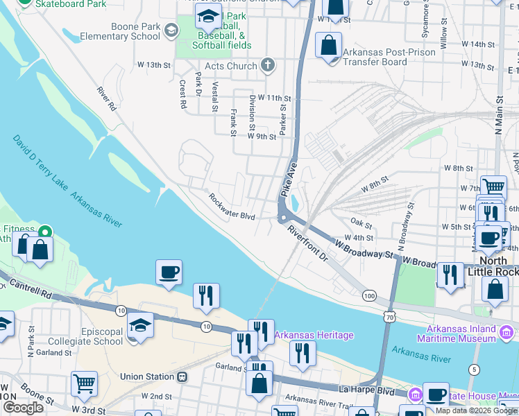 map of restaurants, bars, coffee shops, grocery stores, and more near 311 Parker Street in North Little Rock