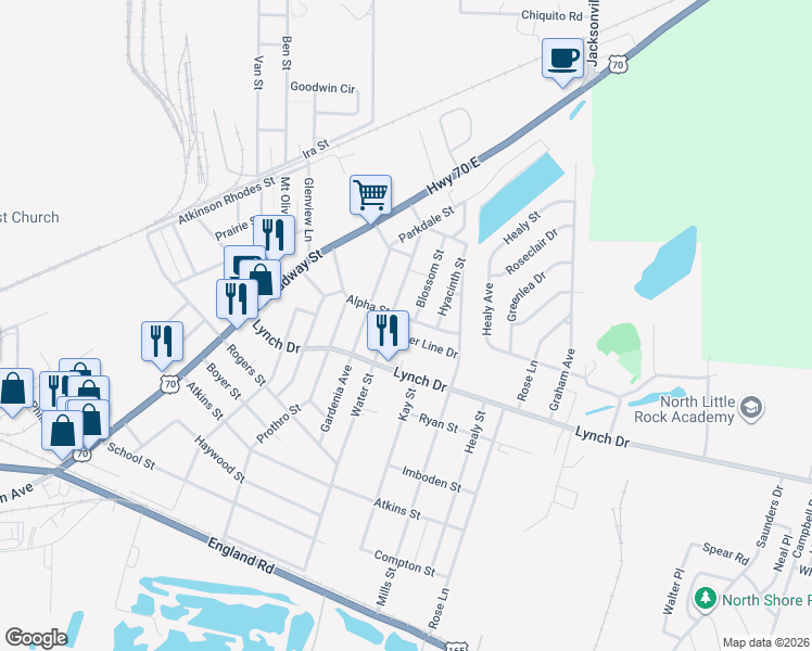 map of restaurants, bars, coffee shops, grocery stores, and more near 5016 Alpha Street in North Little Rock