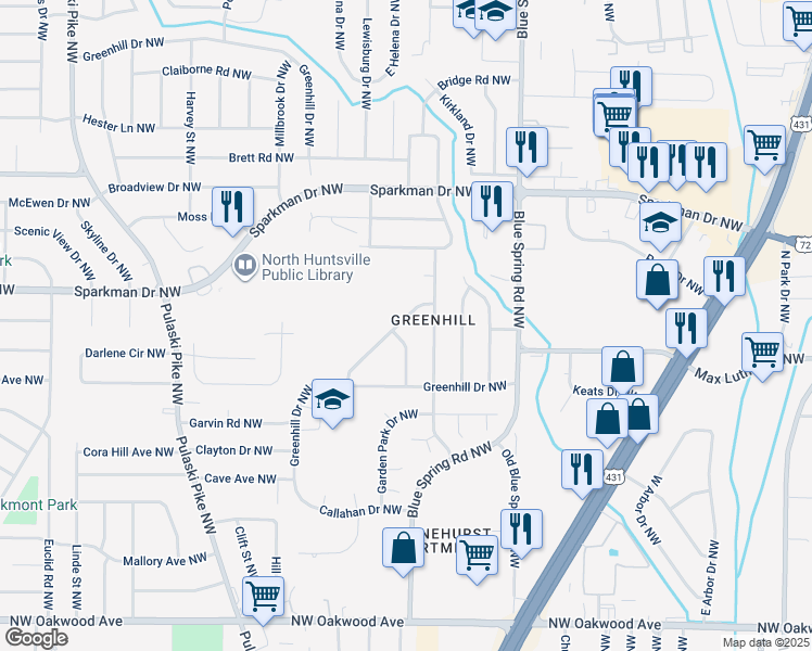map of restaurants, bars, coffee shops, grocery stores, and more near 2708 Monticello Drive Northwest in Huntsville