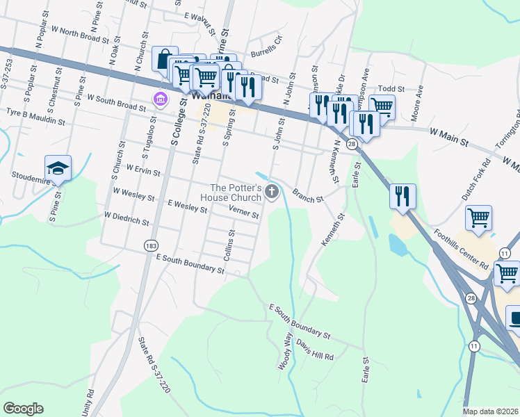 map of restaurants, bars, coffee shops, grocery stores, and more near 312 South John Street in Walhalla