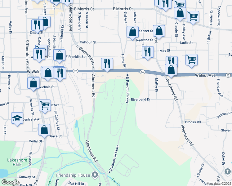 map of restaurants, bars, coffee shops, grocery stores, and more near 900 V D Parrott Junior Parkway in Dalton