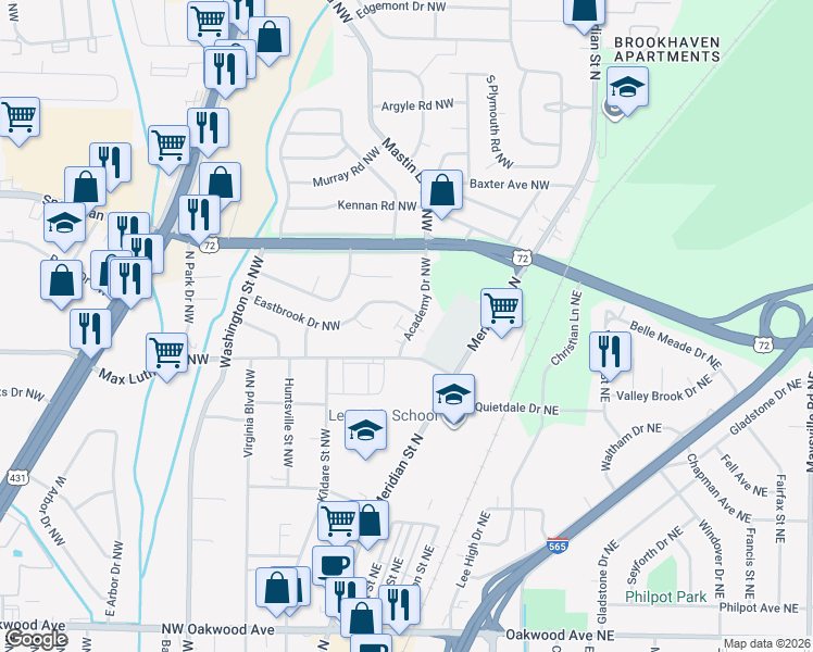 map of restaurants, bars, coffee shops, grocery stores, and more near 2607 Academy Drive Northwest in Huntsville