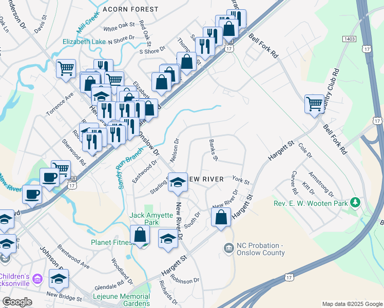 map of restaurants, bars, coffee shops, grocery stores, and more near 414 New River Drive in Jacksonville