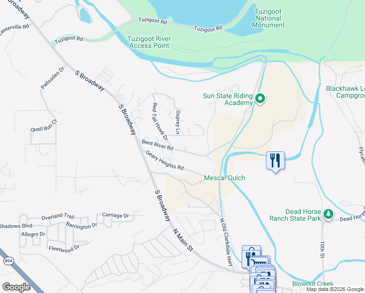 map of restaurants, bars, coffee shops, grocery stores, and more near 944 Red Tail Hawk Drive in Clarkdale