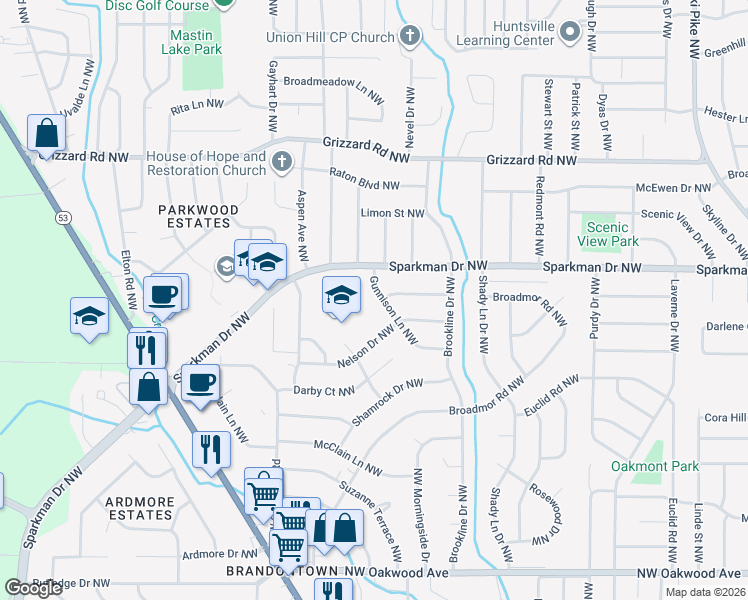 map of restaurants, bars, coffee shops, grocery stores, and more near 4013 Gunnison Lane Northwest in Huntsville