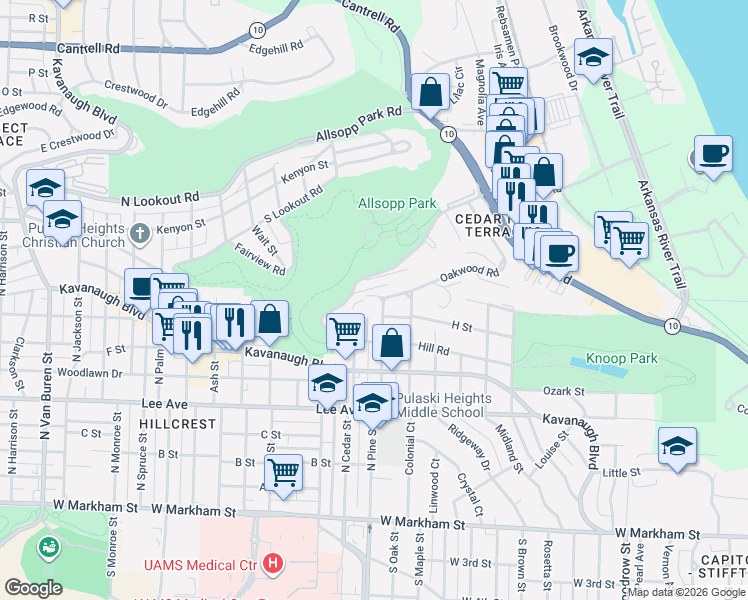 map of restaurants, bars, coffee shops, grocery stores, and more near 3900 Oakwood Road in Little Rock