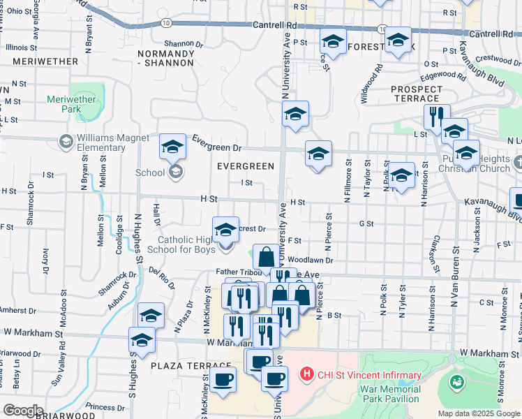 map of restaurants, bars, coffee shops, grocery stores, and more near 1 Garfield Circle in Little Rock