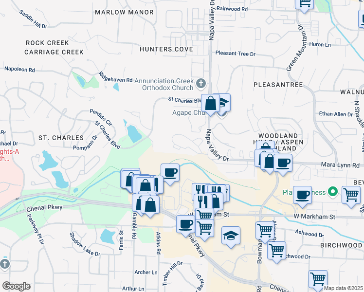 map of restaurants, bars, coffee shops, grocery stores, and more near 500 Napa Valley Drive in Little Rock