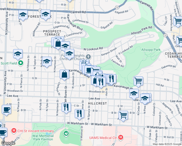 map of restaurants, bars, coffee shops, grocery stores, and more near 822 North Spruce Street in Little Rock