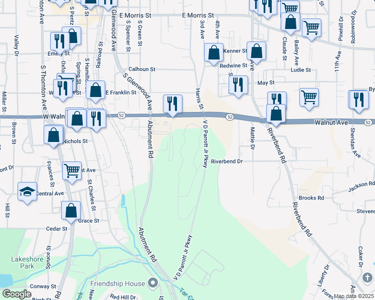 map of restaurants, bars, coffee shops, grocery stores, and more near 900 V D Parrott Junior Parkway in Dalton