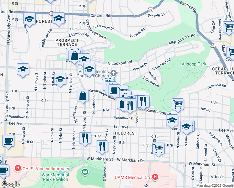 map of restaurants, bars, coffee shops, grocery stores, and more near 822 North Spruce Street in Little Rock