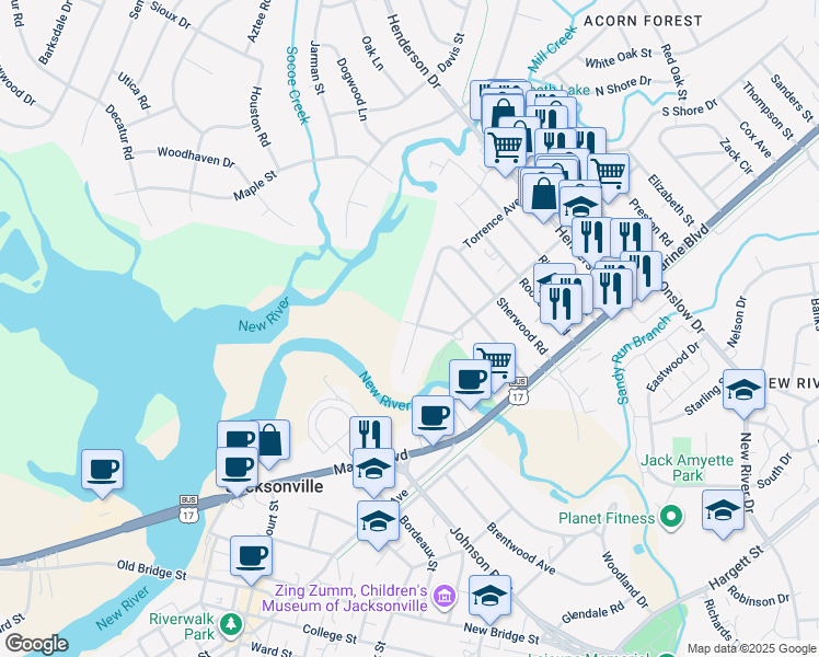 map of restaurants, bars, coffee shops, grocery stores, and more near 500 Sherwood Road in Jacksonville