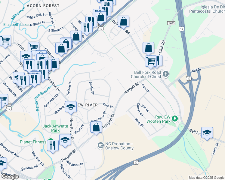 map of restaurants, bars, coffee shops, grocery stores, and more near 527 New River Drive in Jacksonville