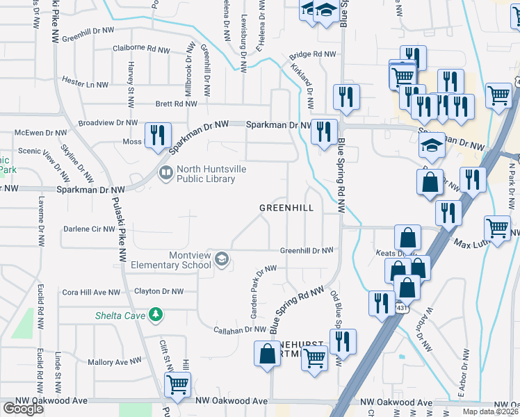 map of restaurants, bars, coffee shops, grocery stores, and more near 2708 Monticello Drive Northwest in Huntsville