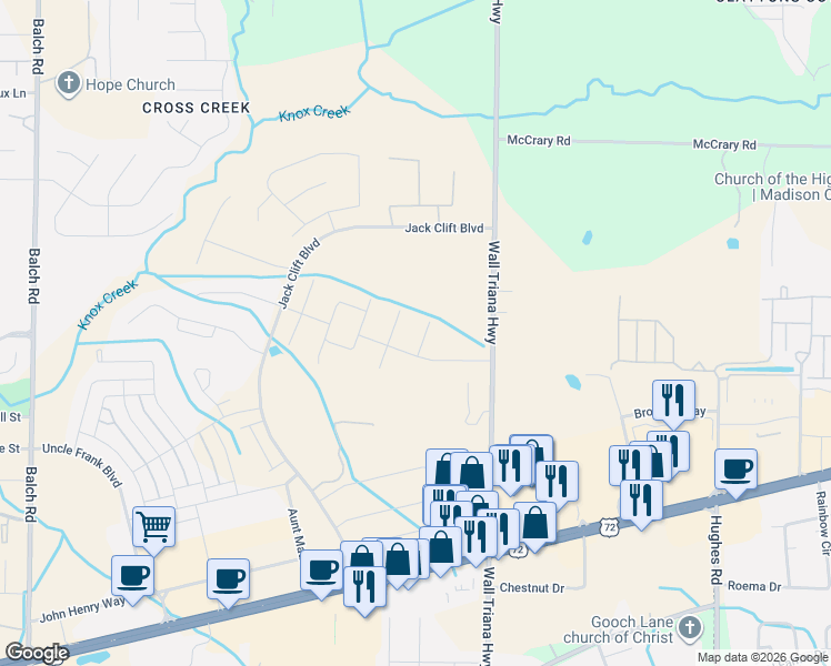 map of restaurants, bars, coffee shops, grocery stores, and more near 6024 Wall Triana Highway in Madison