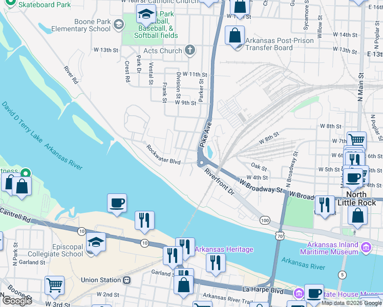 map of restaurants, bars, coffee shops, grocery stores, and more near 1114 West 4th Street in North Little Rock