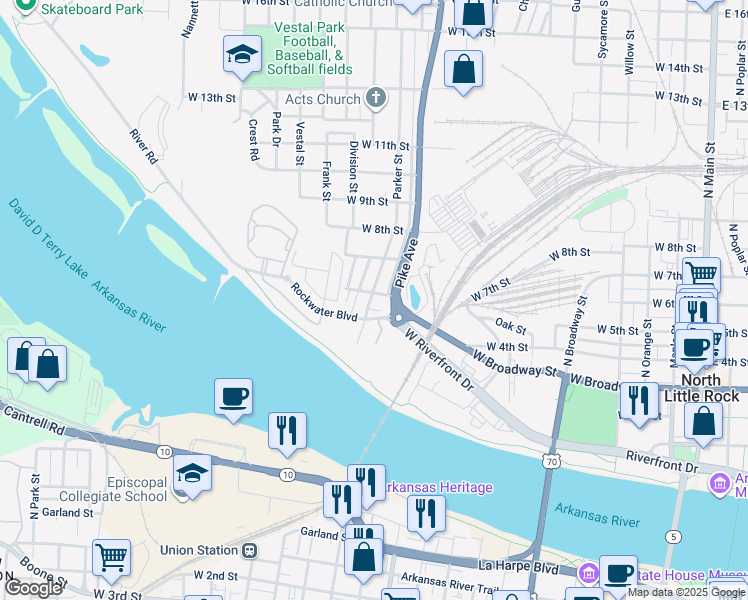 map of restaurants, bars, coffee shops, grocery stores, and more near 1114 West 4th Street in North Little Rock