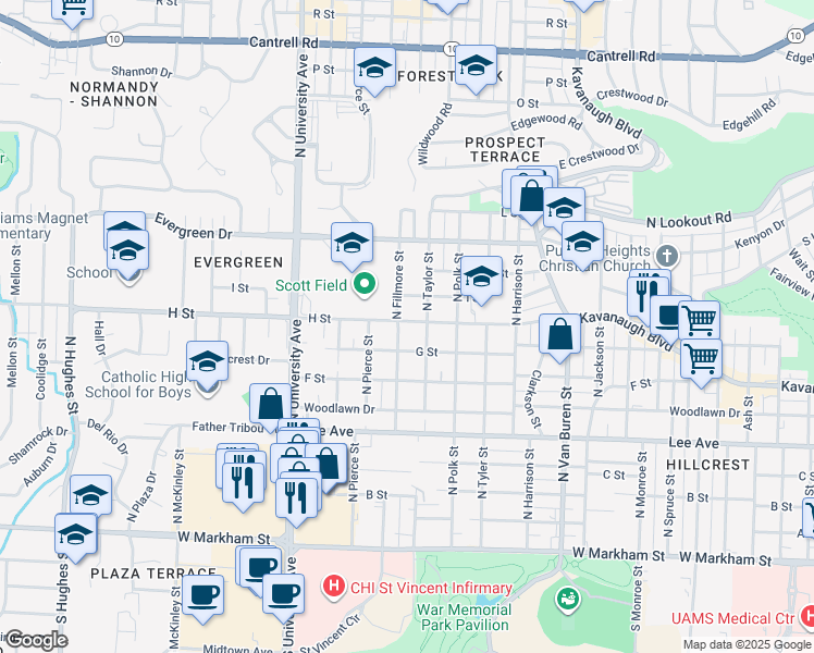 map of restaurants, bars, coffee shops, grocery stores, and more near 900 North Fillmore Street in Little Rock