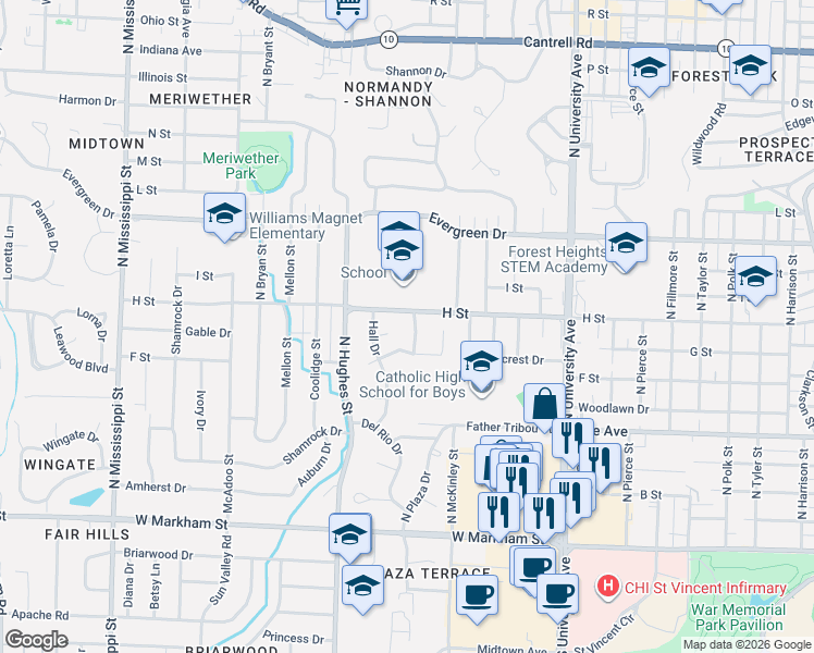 map of restaurants, bars, coffee shops, grocery stores, and more near 808 Carywood Lane in Little Rock