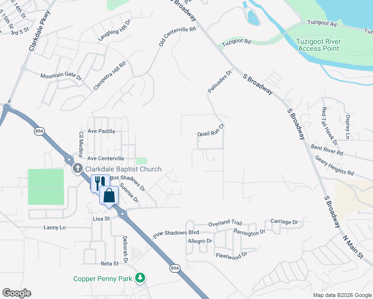 map of restaurants, bars, coffee shops, grocery stores, and more near 858 Rabbit Run in Clarkdale