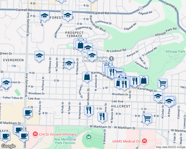 map of restaurants, bars, coffee shops, grocery stores, and more near 3209 Kavanaugh Boulevard in Little Rock