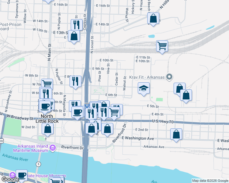 map of restaurants, bars, coffee shops, grocery stores, and more near 624 Vine Street in North Little Rock