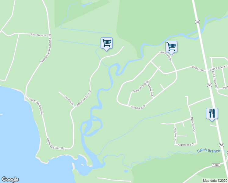 map of restaurants, bars, coffee shops, grocery stores, and more near 424 Woodland Drive in Swansboro