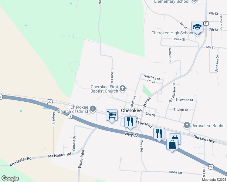 map of restaurants, bars, coffee shops, grocery stores, and more near 86 Gilbert Lane in Cherokee