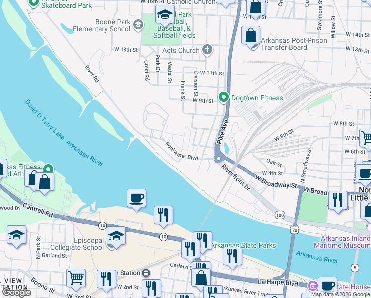 map of restaurants, bars, coffee shops, grocery stores, and more near 1302 West 4th Street in North Little Rock