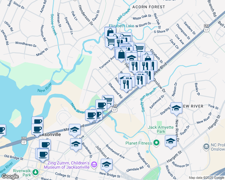 map of restaurants, bars, coffee shops, grocery stores, and more near 117 Sherwood Road in Jacksonville