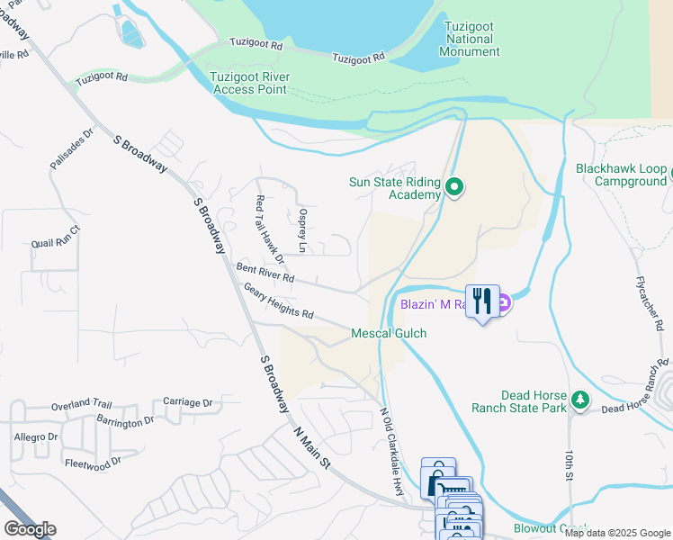 map of restaurants, bars, coffee shops, grocery stores, and more near 688-698 El Rancho Drive in Clarkdale