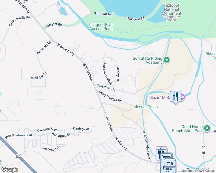 map of restaurants, bars, coffee shops, grocery stores, and more near 956 Red Tail Hawk Drive in Clarkdale
