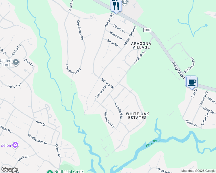map of restaurants, bars, coffee shops, grocery stores, and more near 102 Tanbark Drive in Jacksonville