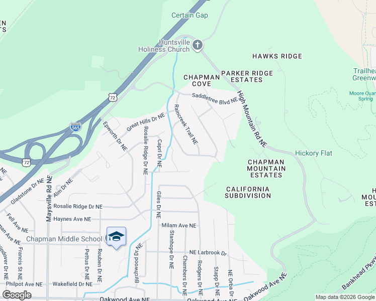 map of restaurants, bars, coffee shops, grocery stores, and more near 2103 Raincreek Trail Northeast in Huntsville
