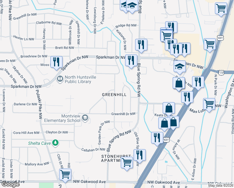 map of restaurants, bars, coffee shops, grocery stores, and more near in Huntsville