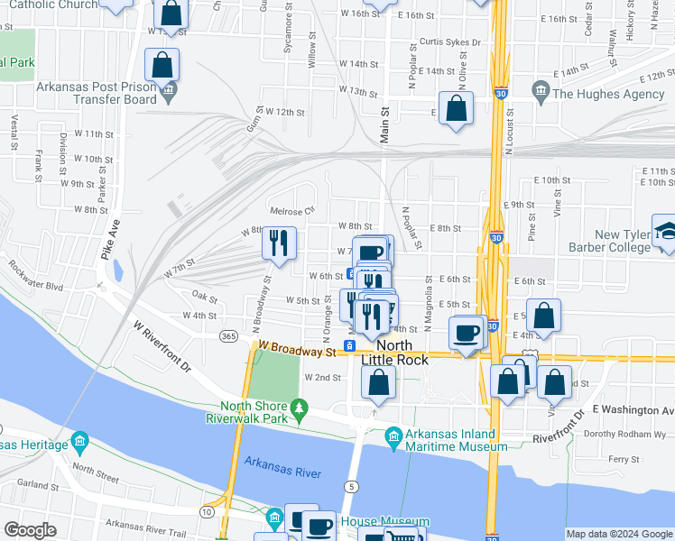 map of restaurants, bars, coffee shops, grocery stores, and more near 617 Maple Street in North Little Rock