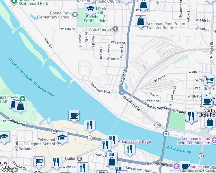 map of restaurants, bars, coffee shops, grocery stores, and more near 1302 West 4th Street in North Little Rock