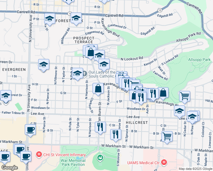 map of restaurants, bars, coffee shops, grocery stores, and more near 3209 Kavanaugh Boulevard in Little Rock