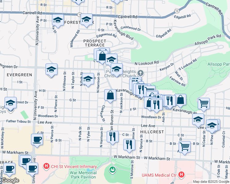map of restaurants, bars, coffee shops, grocery stores, and more near 3209 Kavanaugh Boulevard in Little Rock