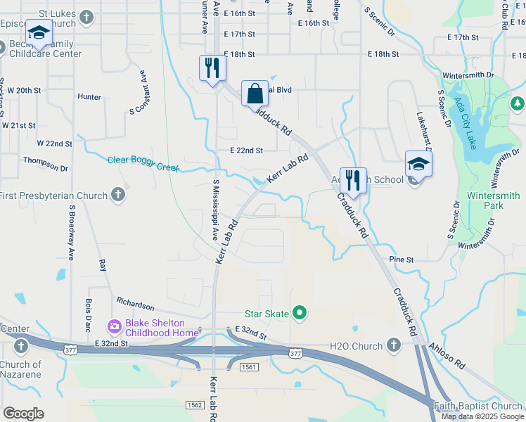 map of restaurants, bars, coffee shops, grocery stores, and more near 1300 Kerr Lab Road in Ada