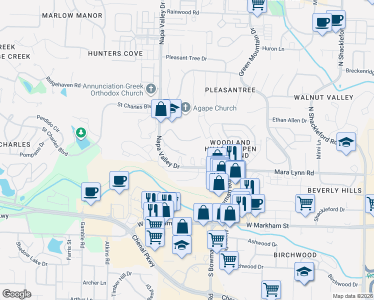 map of restaurants, bars, coffee shops, grocery stores, and more near 601 Napa Valley Drive in Little Rock