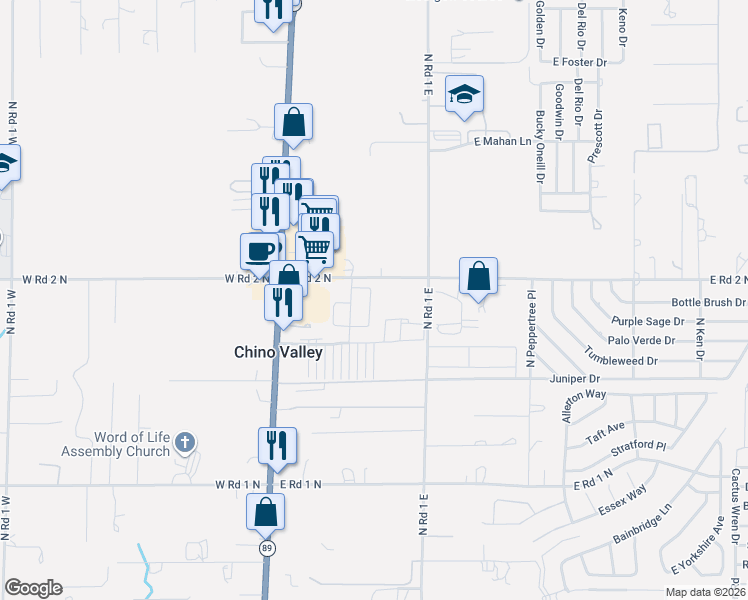 map of restaurants, bars, coffee shops, grocery stores, and more near 899 East Road 2 North in Chino Valley